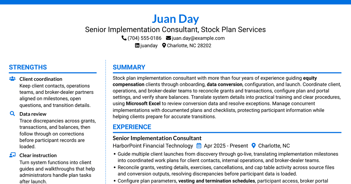 7 Senior Implementation Consultant - Stock Plan Services Resume Templates with Example