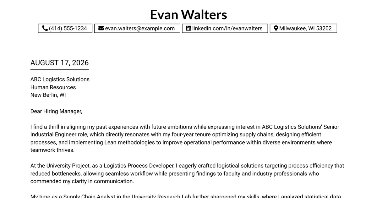 30+ Senior Industrial Engineer Cover Letter Templates with Example 2026