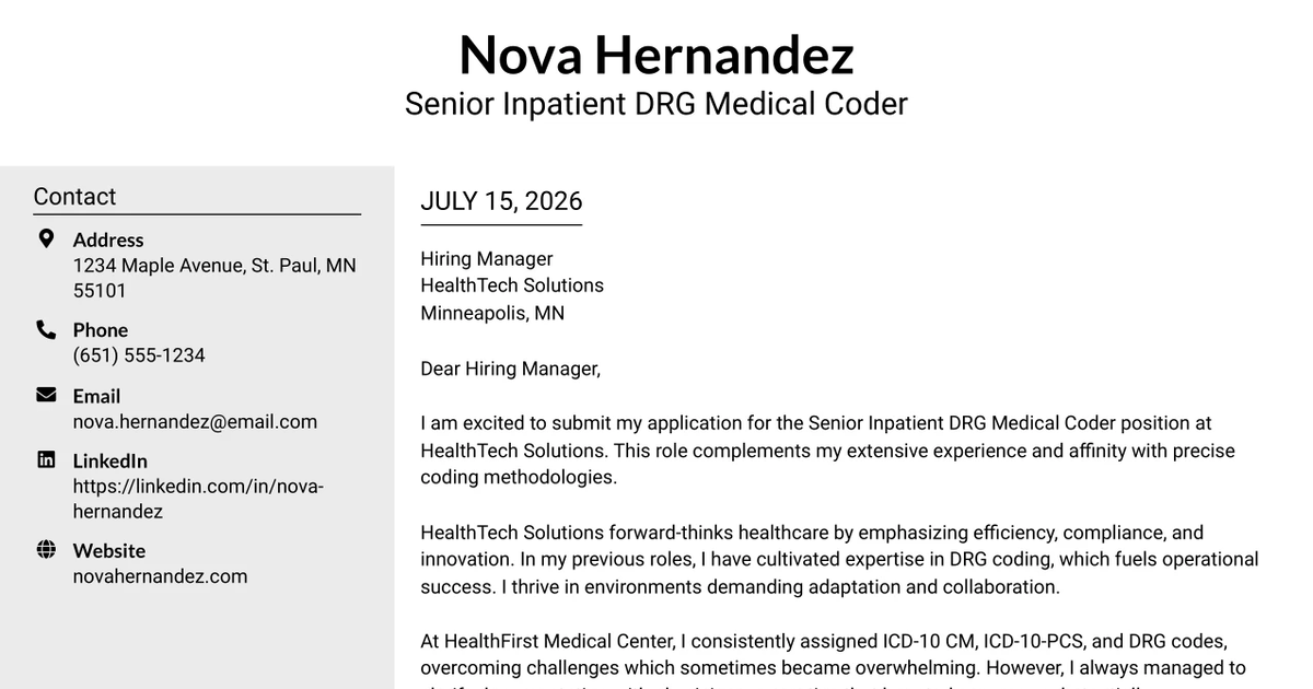 30+ Senior Inpatient DRG Medical Coder Cover Letter Templates with Example 2026