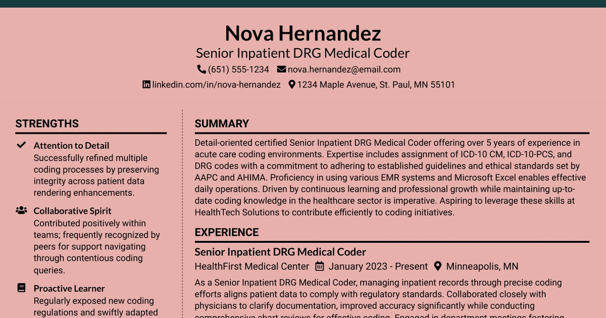 33 Senior Inpatient DRG Medical Coder Resume Templates with Example 2026 (ATS-Optimized)