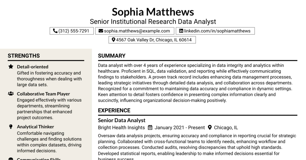 33 Senior Institutional Research Data Analyst Resume Templates with Example 2026 (ATS-Optimized)
