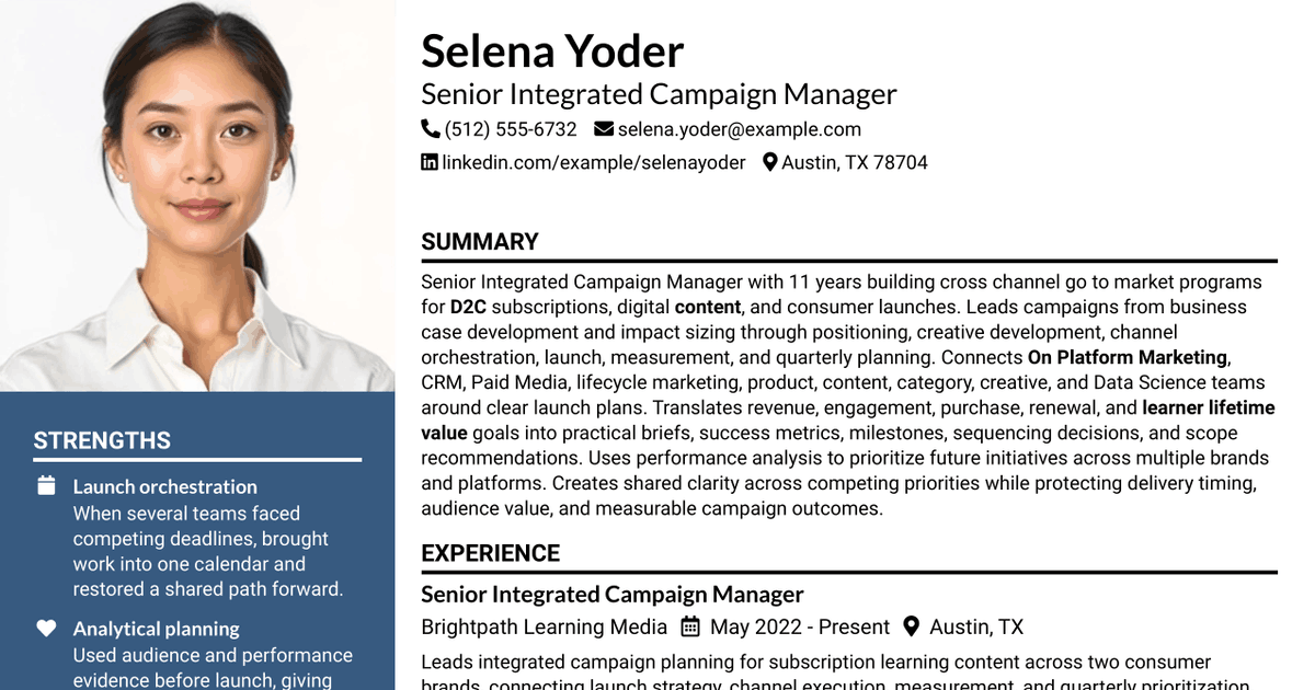 7 Senior Integrated Campaign Manager Resume Templates with Example