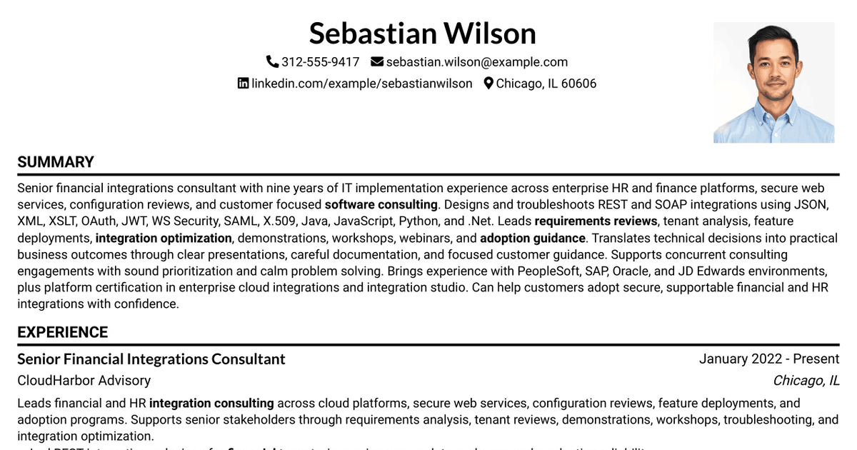 7 Senior Integrations Consultant (Financial) Resume Templates with Example