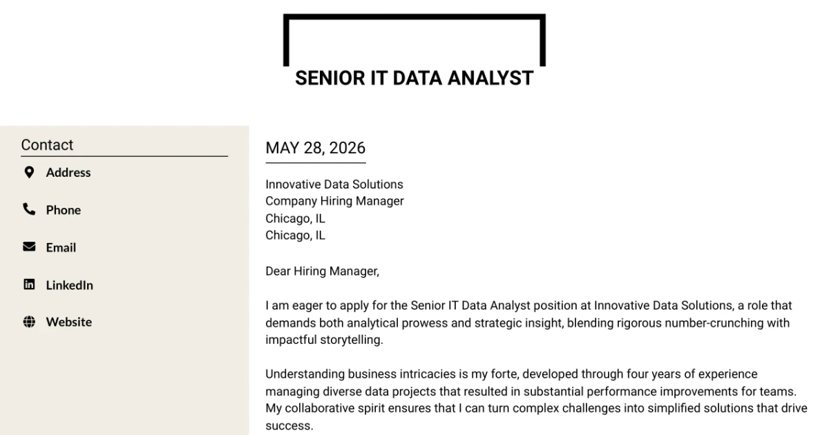 30+ Senior IT Data Analyst Cover Letter Templates with Example 2026