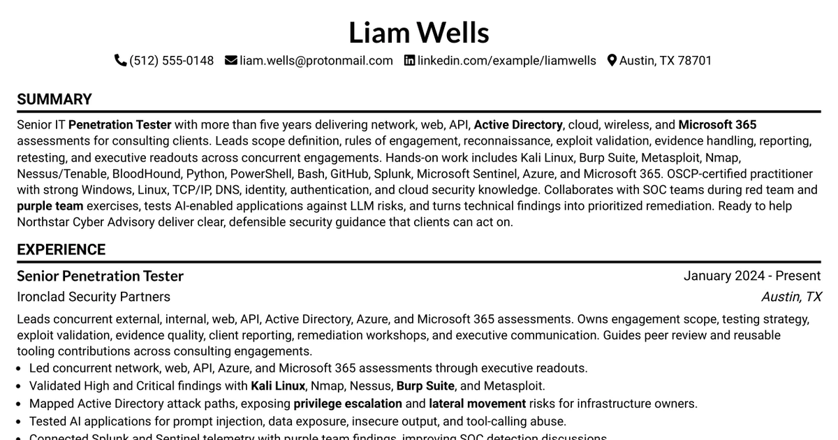 33 Senior IT Penetration Tester Resume Templates with Example 2026 (ATS-Optimized)