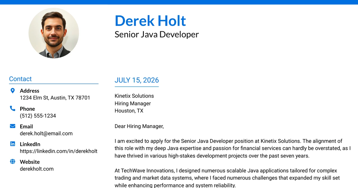 30+ Senior Java Developer Cover Letter Templates with Example 2026