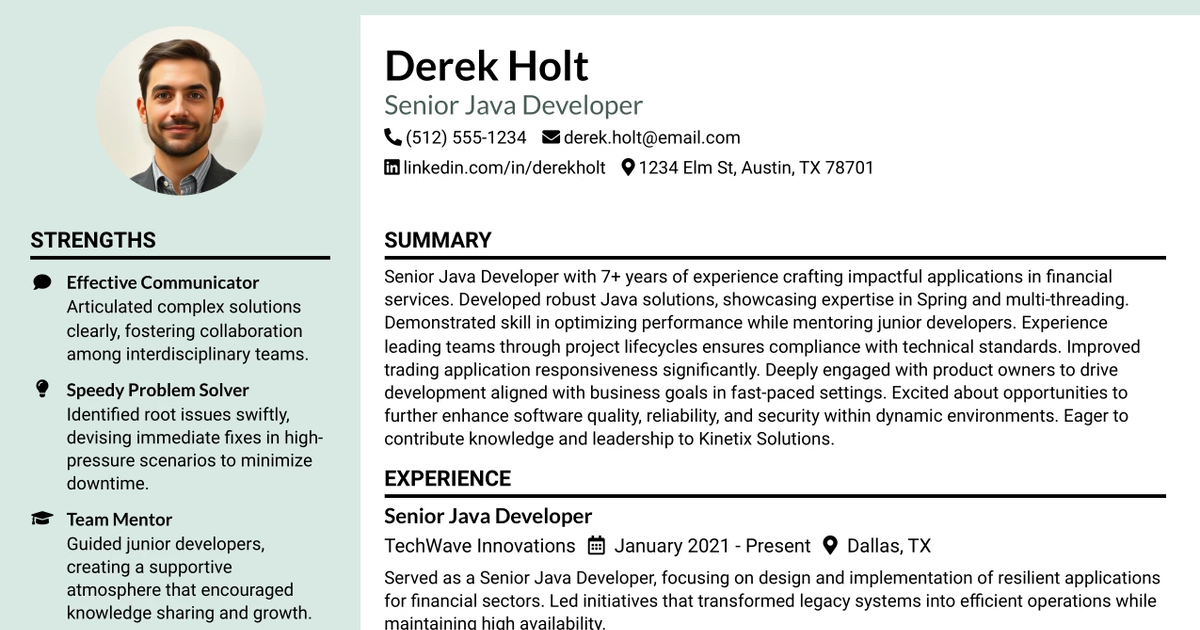 33 Senior Java Developer Resume Templates with Example 2026 (ATS-Optimized)
