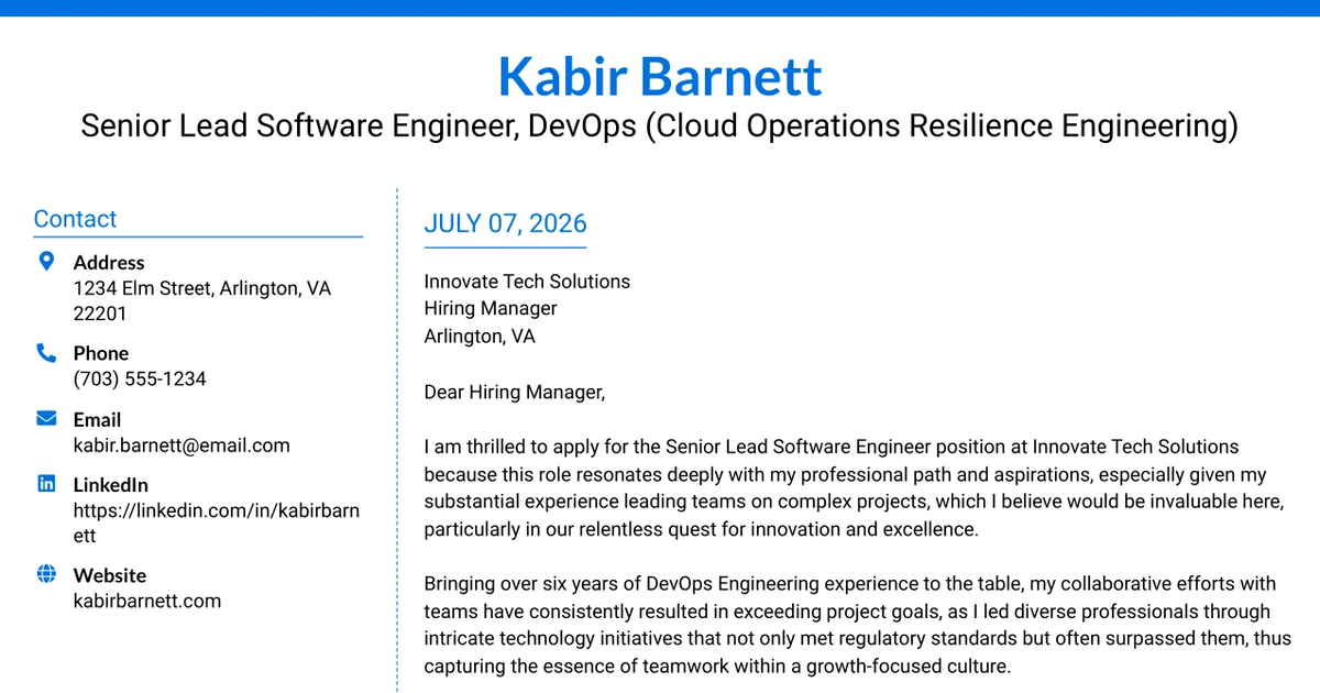 30+ Senior Lead Software Engineer, DevOps (Cloud Operations Resilience Engineering) Cover Letter Templates with Example 2026