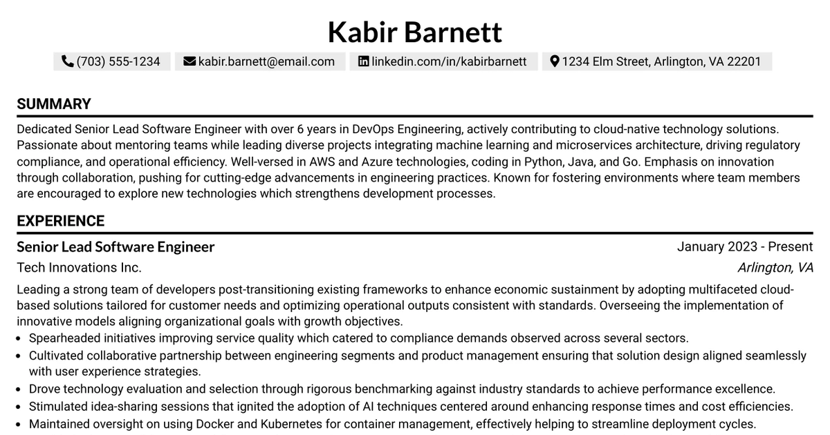 33 Senior Lead Software Engineer, DevOps (Cloud Operations Resilience Engineering) Resume Templates with Example 2026 (ATS-Optimized)