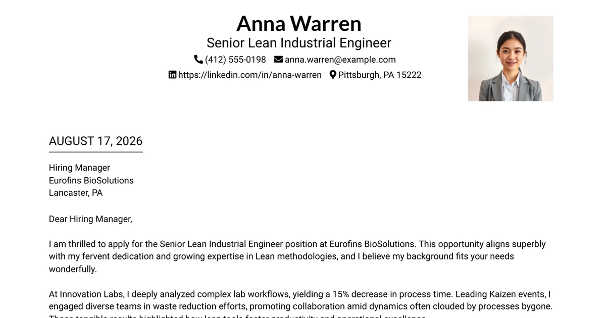 30+ Senior Lean Industrial Engineer Cover Letter Templates with Example 2026