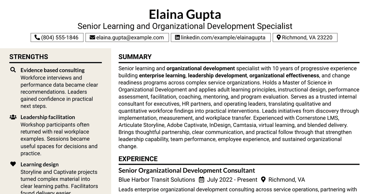 7 Senior Learning and Organizational Development Specialist Resume Templates with Example