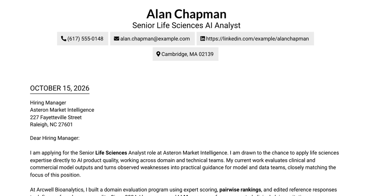 7 Senior Life Sciences Analyst - AI Model Training Cover Letter Templates with Example