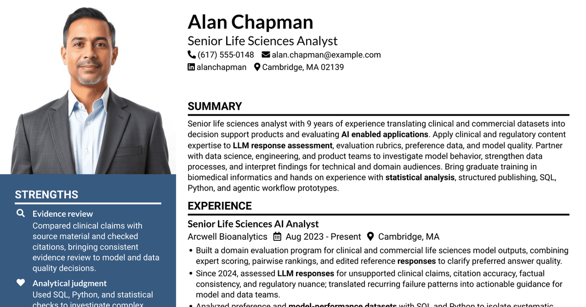 7 Senior Life Sciences Analyst - AI Model Training Resume Templates with Example