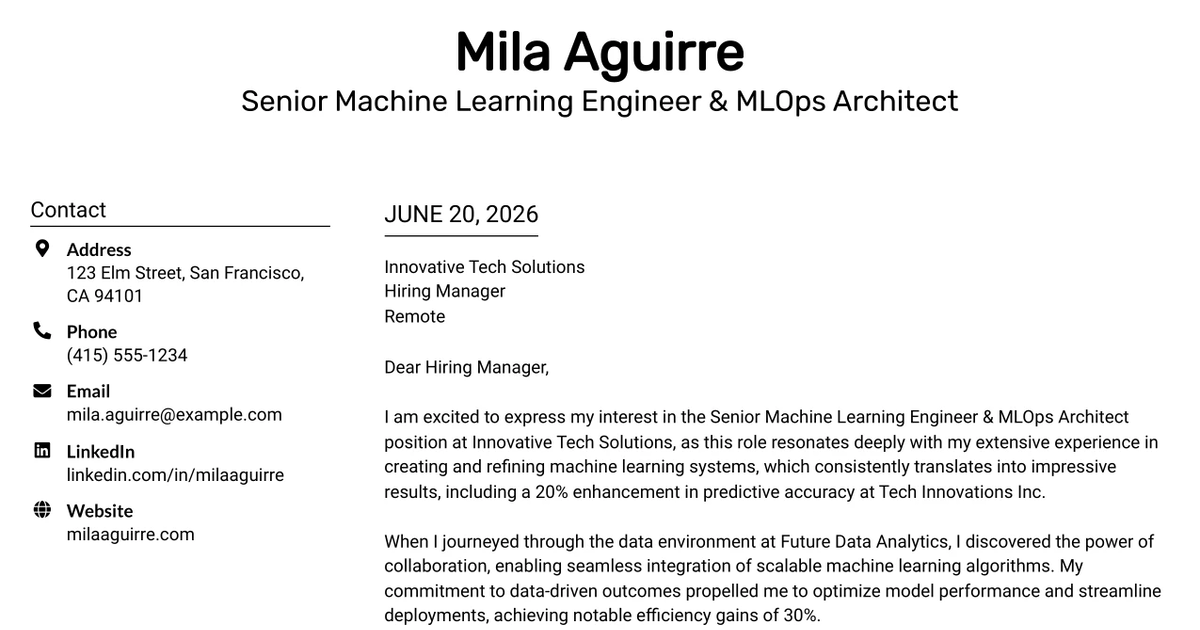 30+ Senior Machine Learning Engineer & MLOps Architect Cover Letter Templates with Example 2026