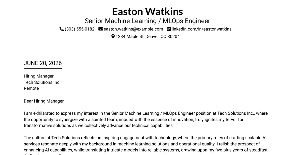 30+ Senior Machine Learning / MLOps Engineer Cover Letter Templates with Example 2026