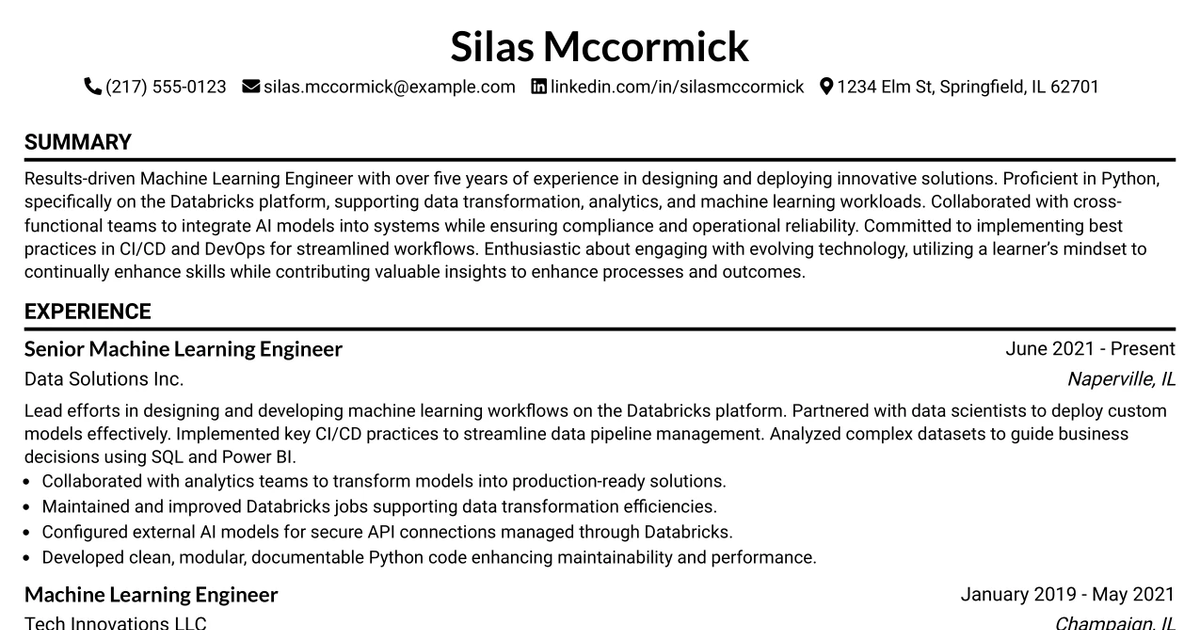 33 Senior Machine Learning Operations Engineer Resume Templates with Example 2026 (ATS-Optimized)