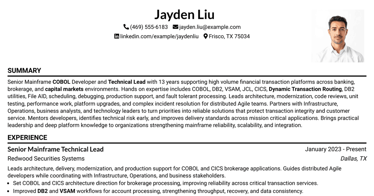 7 Senior Mainframe COBOL Developer / Technical Lead Resume Templates with Example