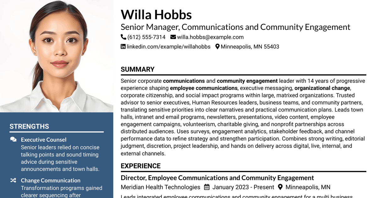 7 Senior Manager, Communications & Community Engagement Resume Templates with Example