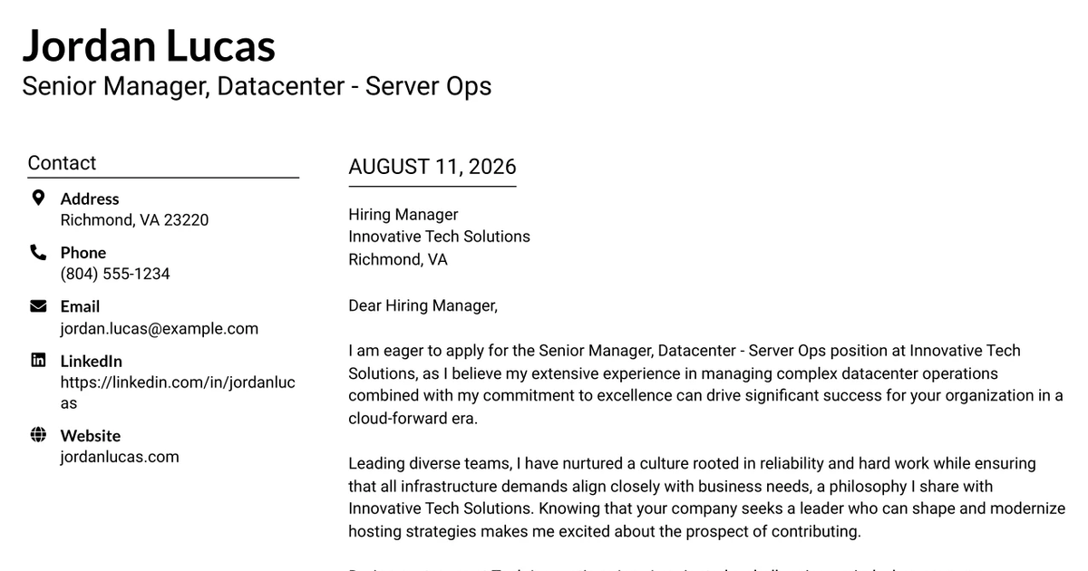 30+ Senior Manager, Datacenter - Server Ops Cover Letter Templates with Example 2026