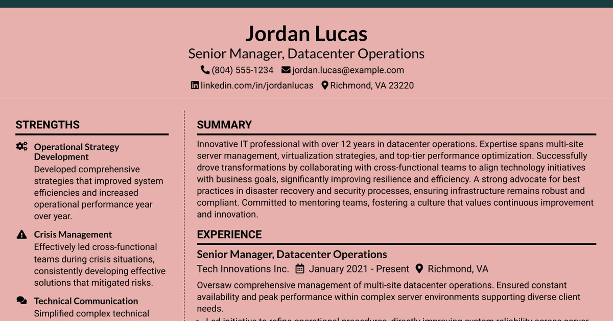 33 Senior Manager, Datacenter - Server Ops Resume Templates with Example 2026 (ATS-Optimized)