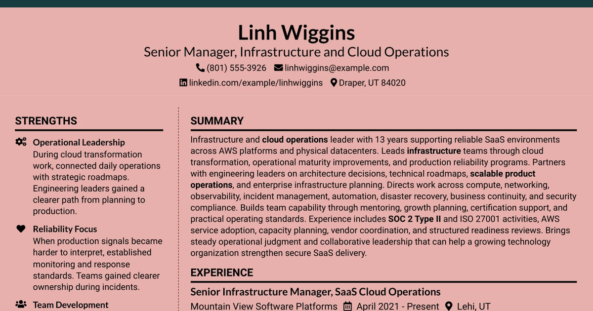 33 Senior Manager, Infrastructure - Cloud Operations Resume Templates with Example