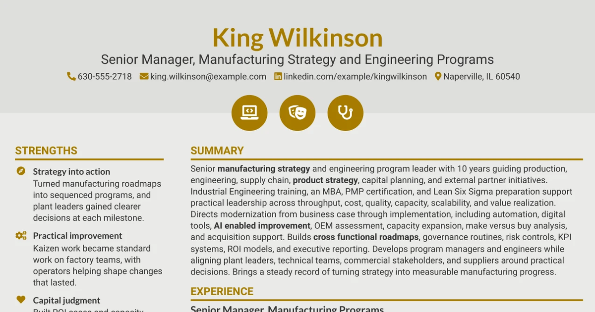 33 Senior Manager, Manufacturing Strategy & Engineering Programs Resume Templates with Example