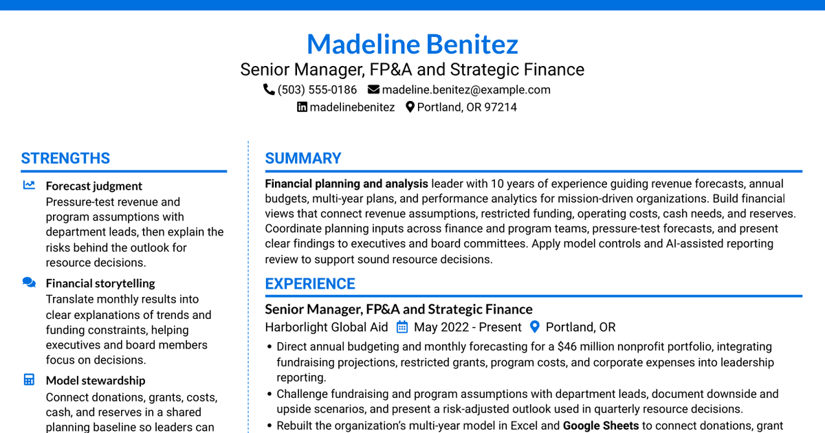 7 Senior Manager of Financial Planning & Analysis - Revenue Forecasting and Long-Range Planning Resume Templates with Example