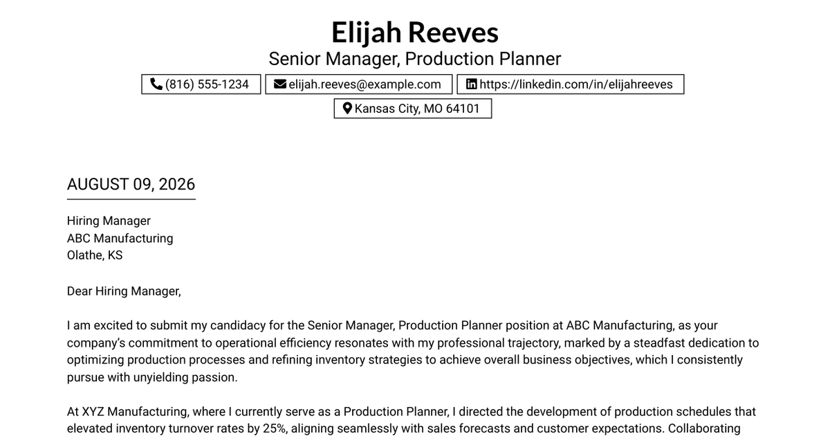 30+ Senior Manager, Production Planner Cover Letter Templates with Example 2026