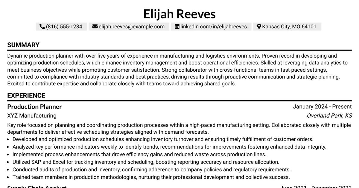 33 Senior Manager, Production Planner Resume Templates with Example 2026 (ATS-Optimized)