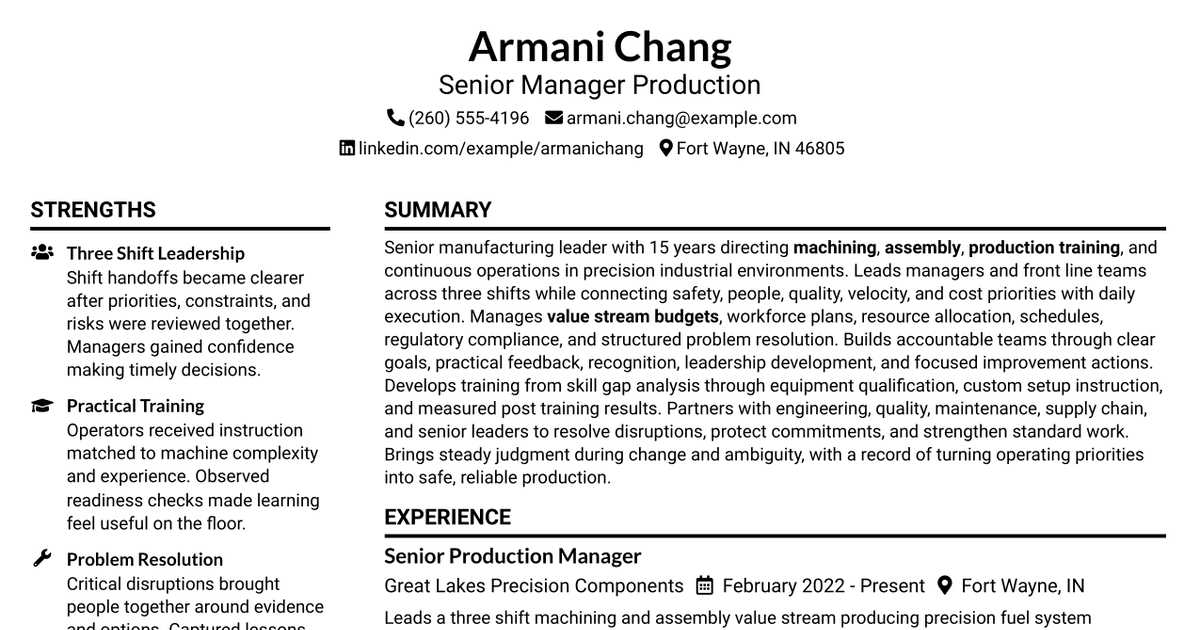 7 Senior Manager Production Resume Templates with Example