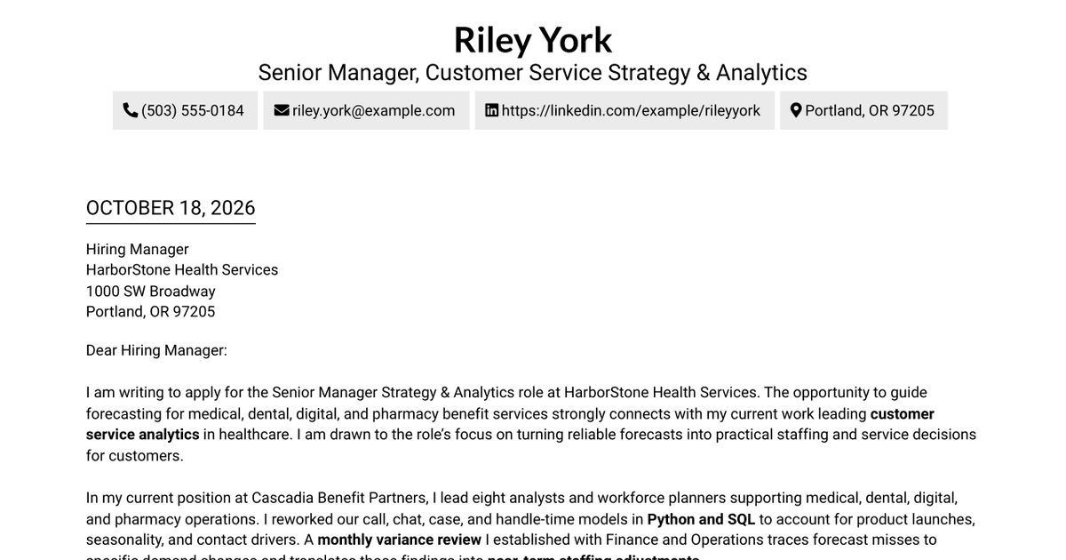 7 Senior Manager Strategy & Analytics - Customer Service Forecasting Cover Letter Templates with Example