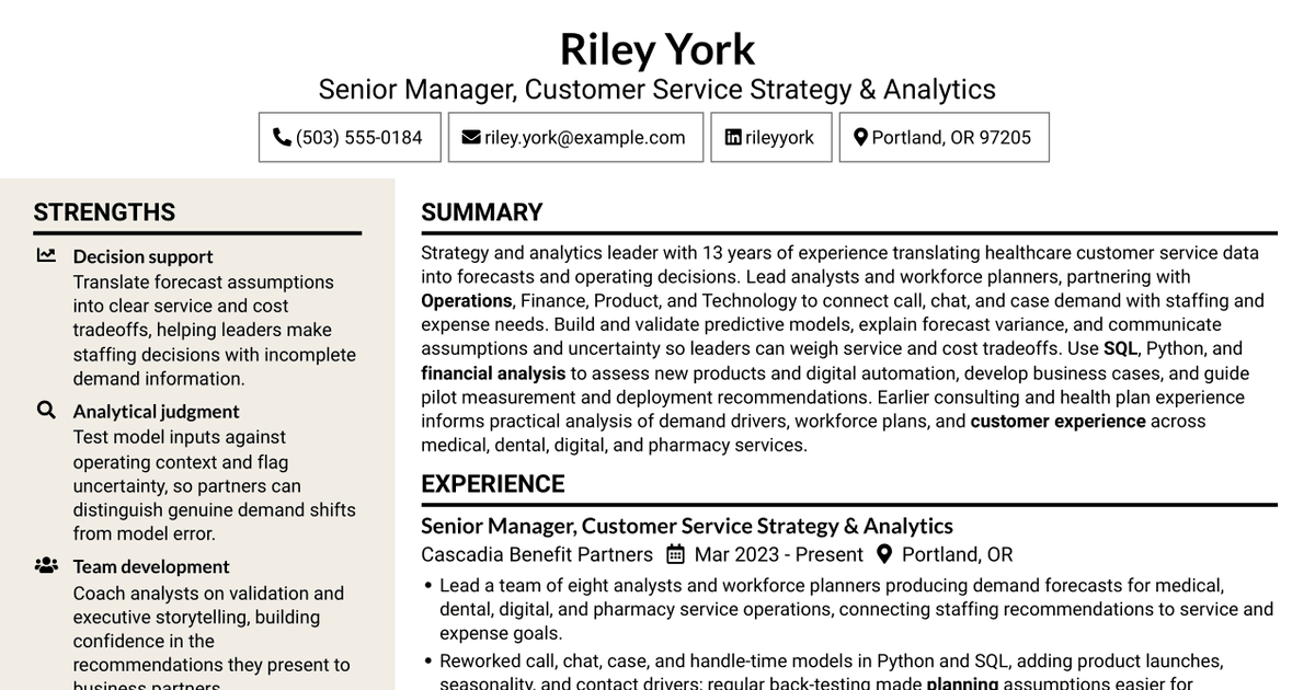 7 Senior Manager Strategy & Analytics - Customer Service Forecasting Resume Templates with Example