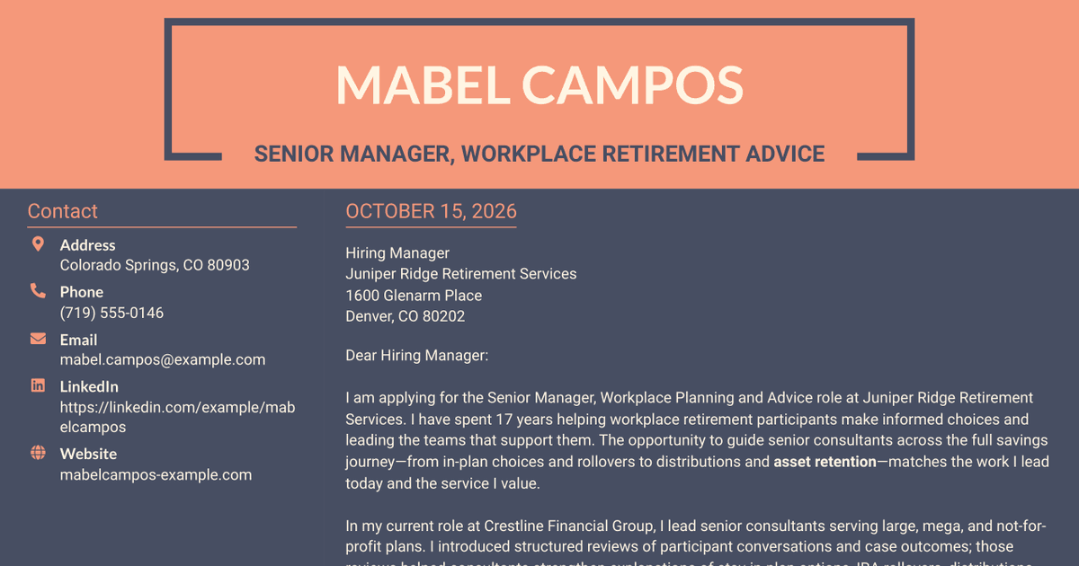 7 Senior Manager, Workplace Planning and Advice Cover Letter Templates with Example
