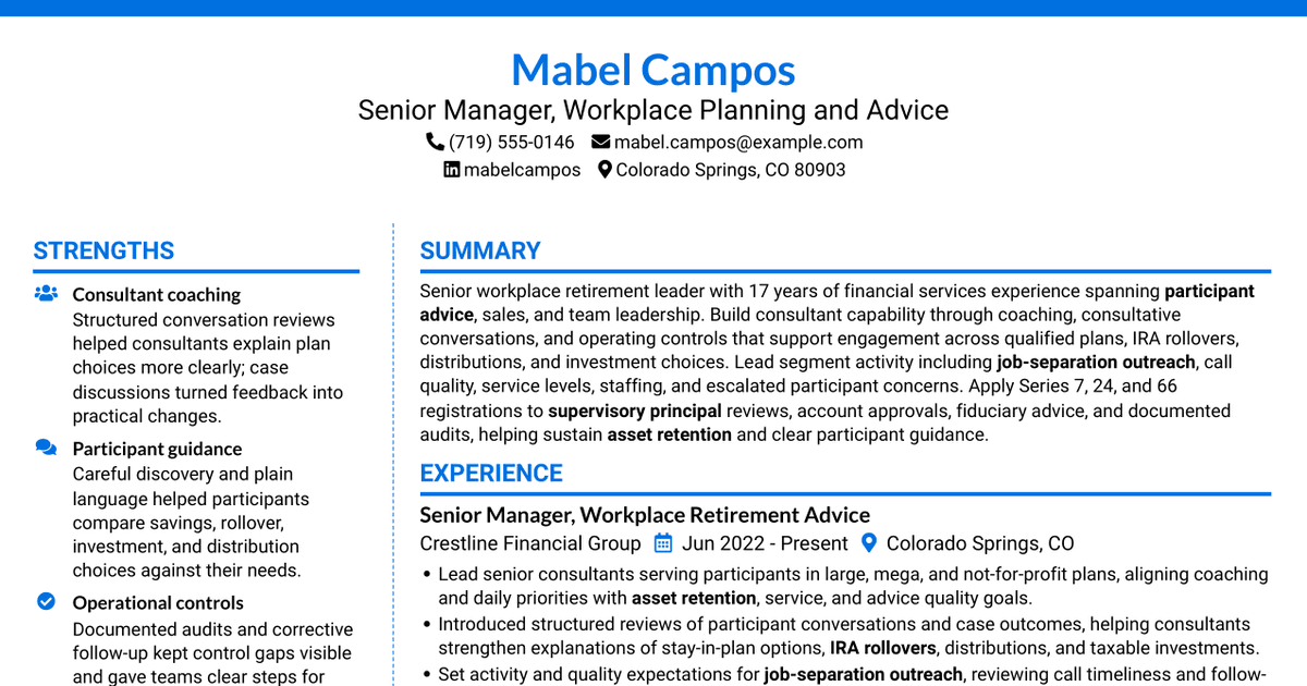 7 Senior Manager, Workplace Planning and Advice Resume Templates with Example