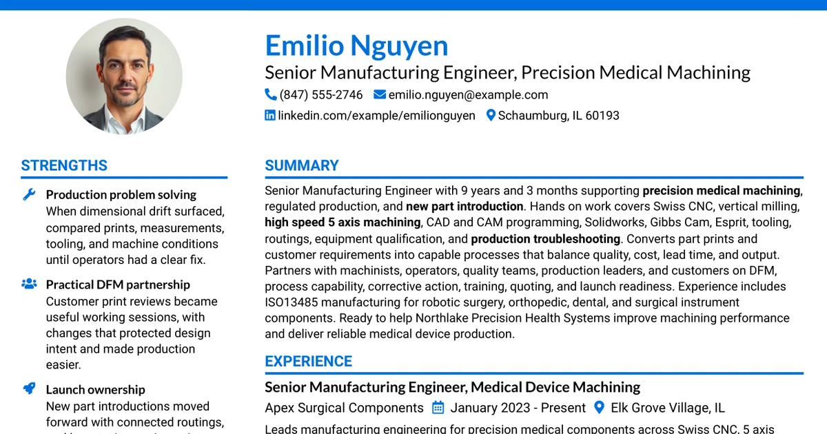 33 Senior Manufacturing Engineer - Precision Medical Machining Resume Templates with Example 2026 (ATS-Optimized)