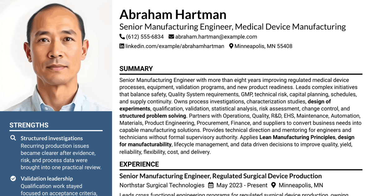 7 Senior Manufacturing Engineer Resume Templates with Example