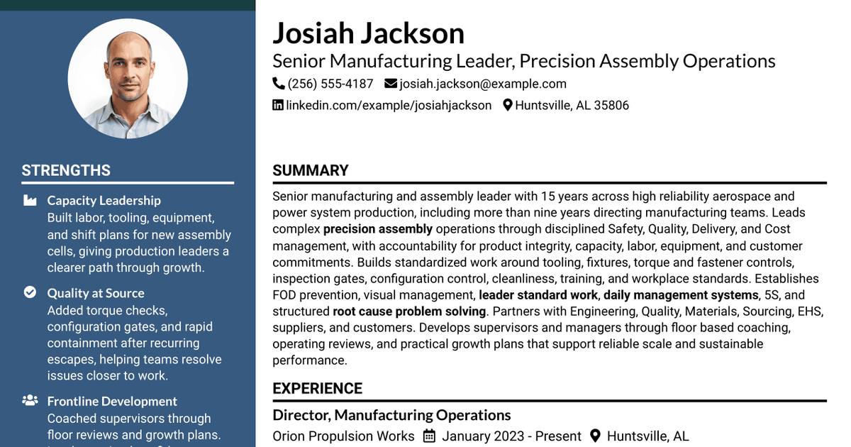 7 Senior Manufacturing Leader - COE Leader Resume Templates with Example