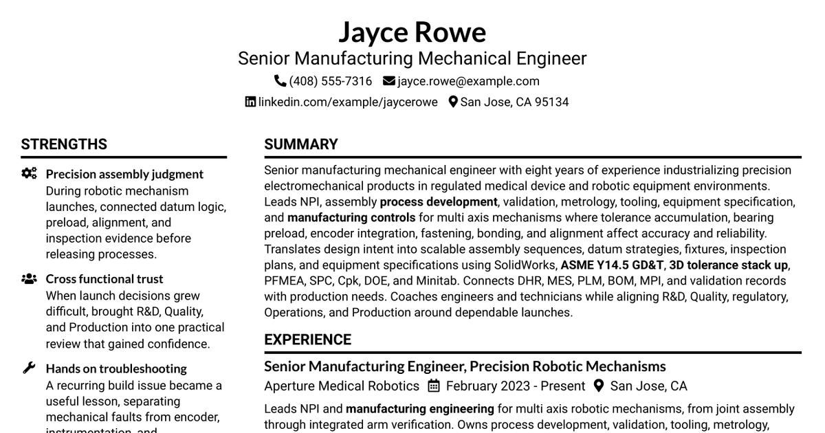 7 Senior Manufacturing Mechanical Engineer Resume Templates with Example