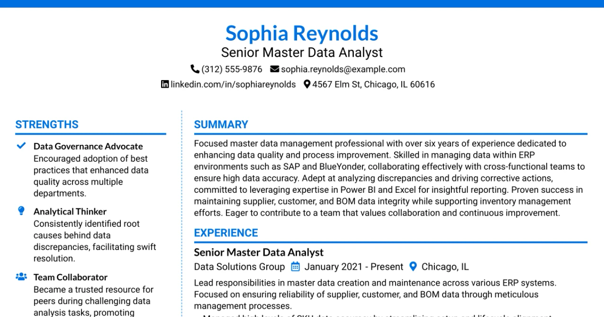 33 Senior Master Data Analyst Resume Templates with Example 2026 (ATS-Optimized)