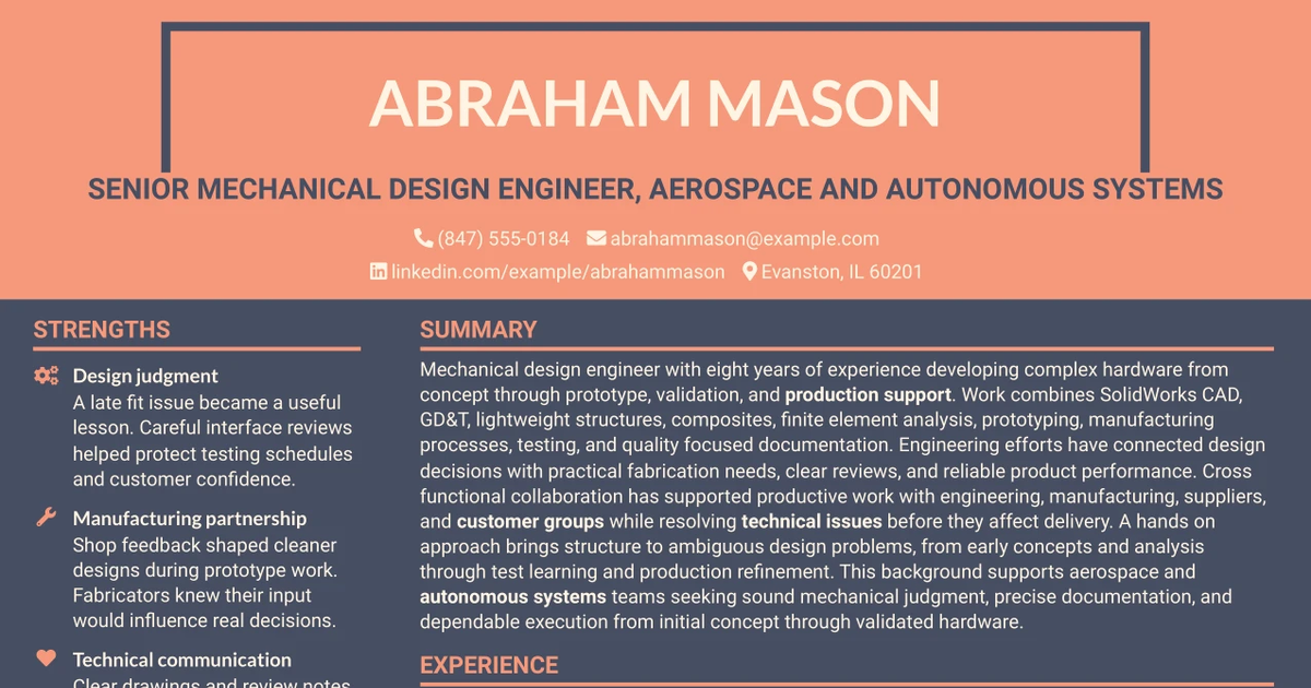 33 Senior Mechanical Design Engineer Aerospace and Autonomous Systems Resume Templates with Example 2026 (ATS-Optimized)