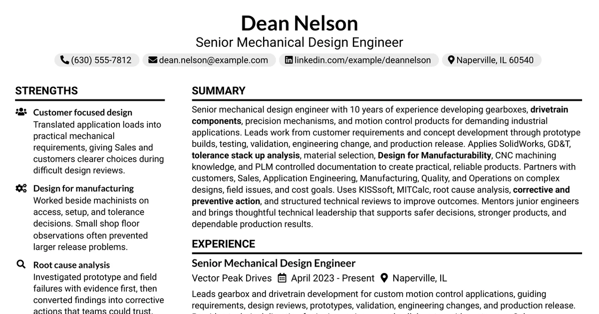33 Senior Mechanical Design Engineer - Gearbox Manufacturer Resume Templates with Example 2026 (ATS-Optimized)
