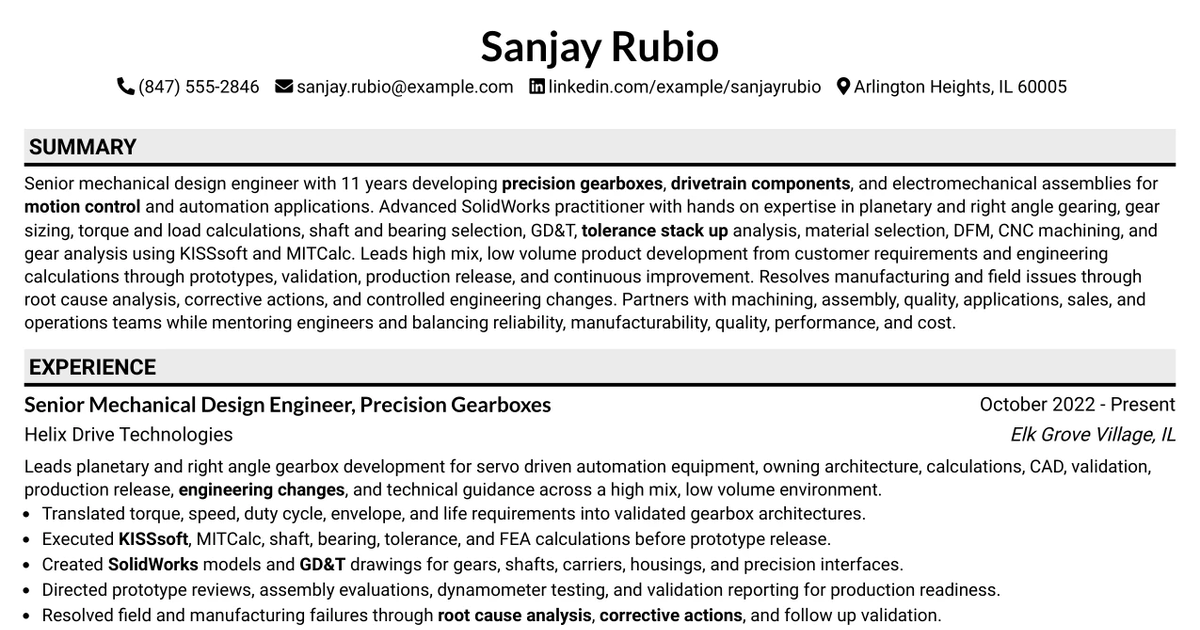 33 Senior Mechanical Design Engineer - Precision Gearboxes Resume Templates with Example 2026 (ATS-Optimized)