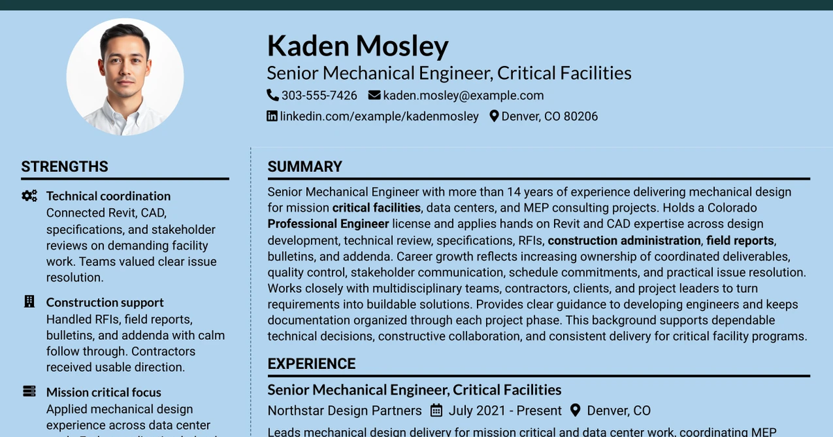 33 Senior Mechanical Engineer - Critical Facilities Resume Templates with Example 2026 (ATS-Optimized)