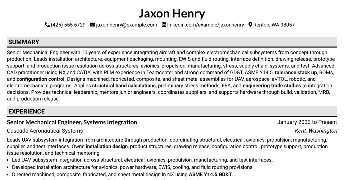 7 Senior Mechanical Engineer, Systems Integration Resume Templates with Example