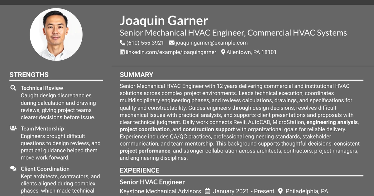 33 Senior Mechanical HVAC Engineer - Commercial HVAC Systems Resume Templates with Example