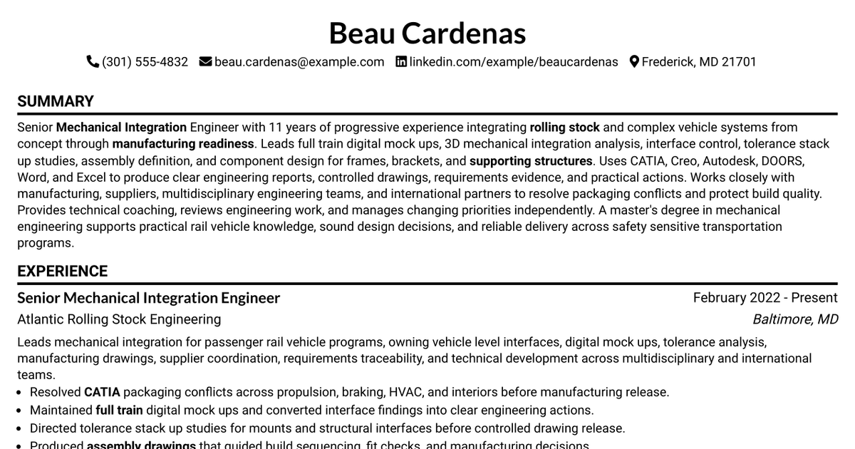 7 Senior Mechanical Integration Engineer Resume Templates with Example