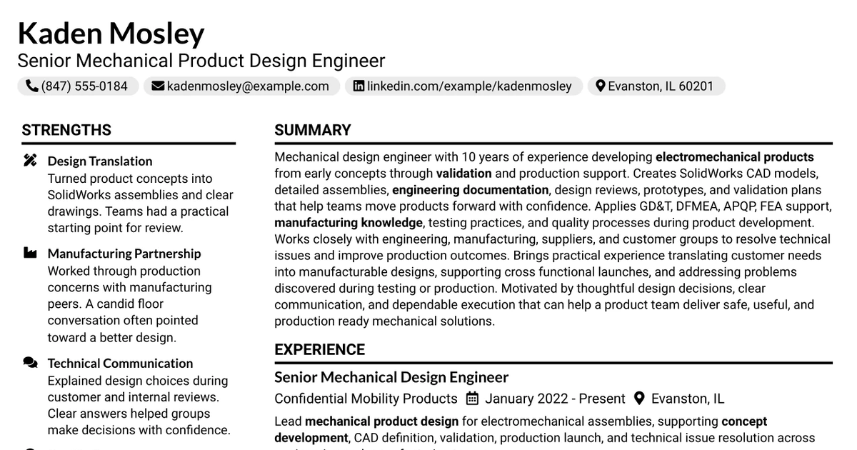 33 Senior Mechanical Product Design Engineer Resume Templates with Example 2026