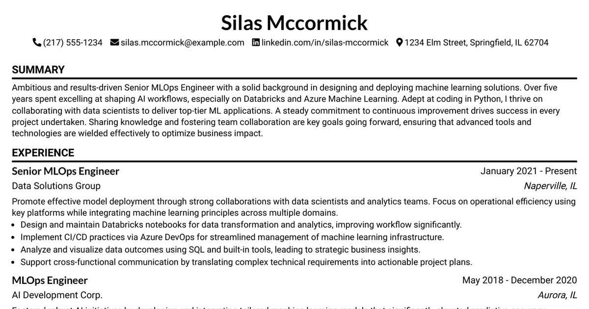 33 Senior MLOps Engineer Resume Templates with Example 2026 (ATS-Optimized)