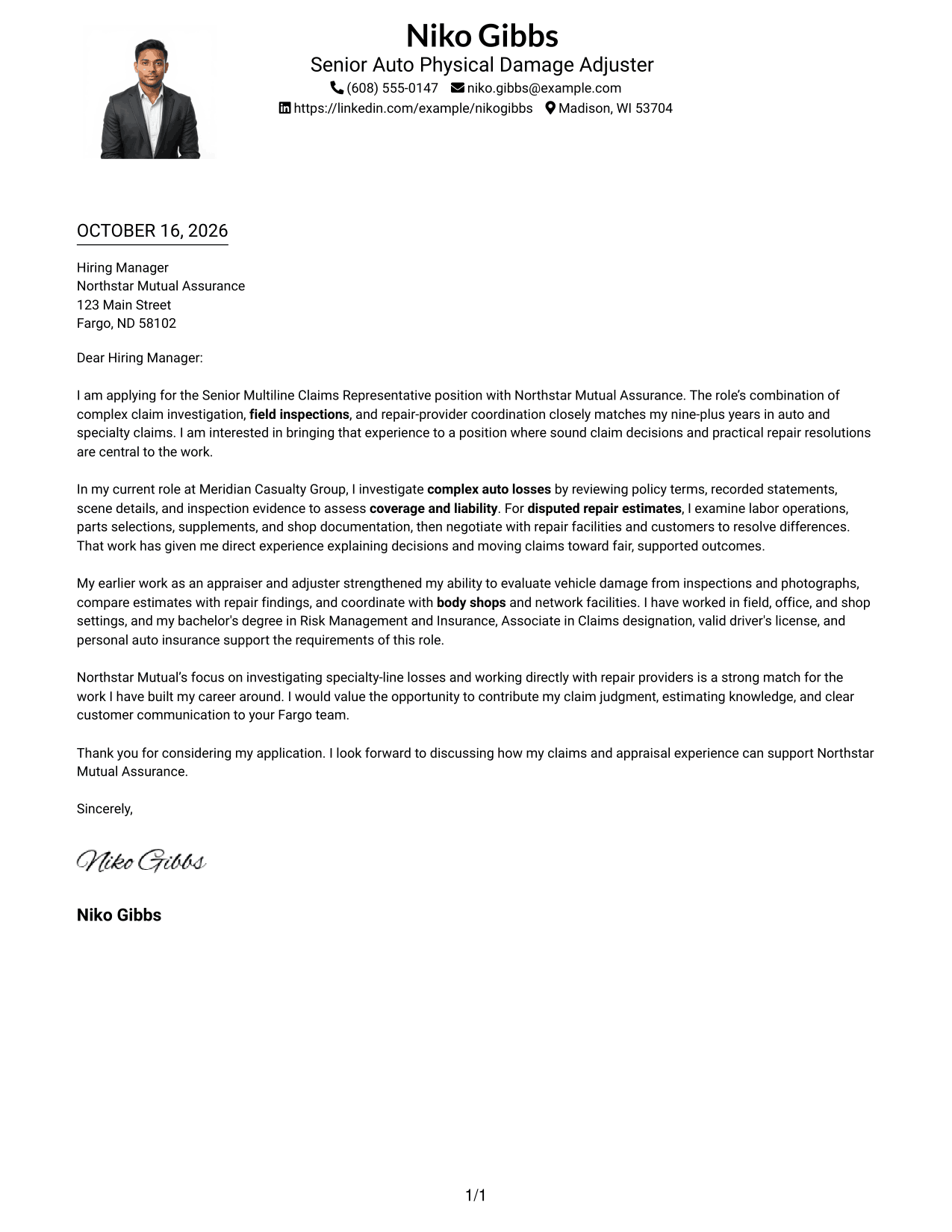 Cover letter example — page 1