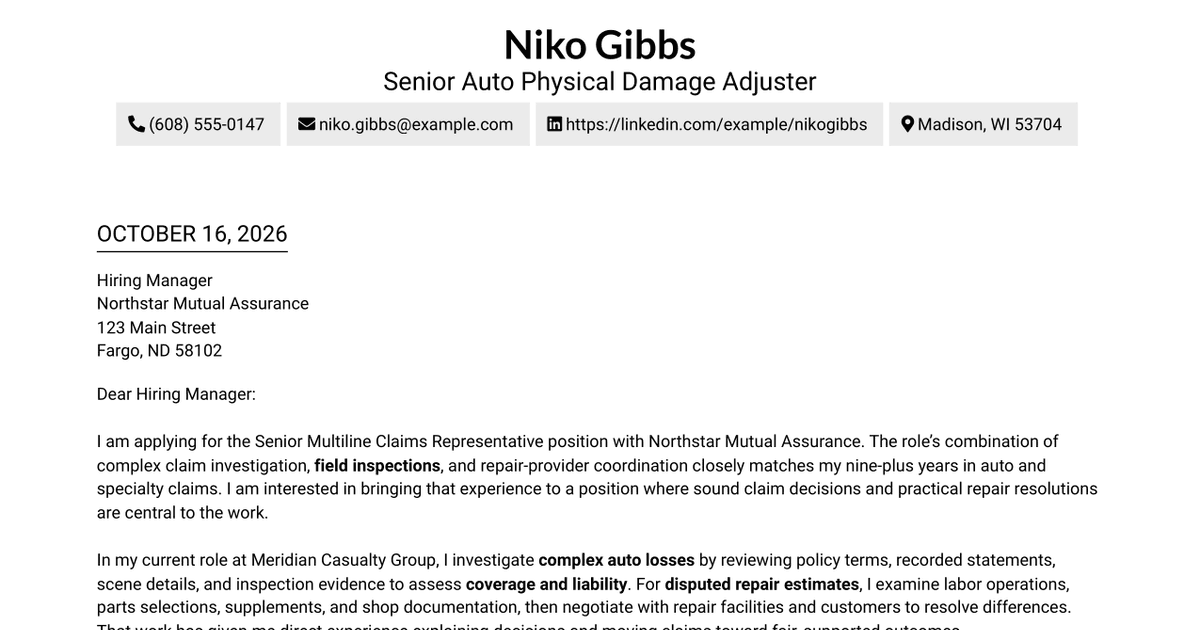 7 Senior Multiline Claims Representative - Specialty Lines Cover Letter Templates with Example